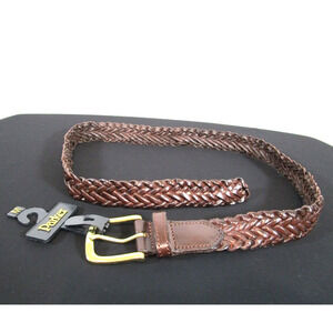 NWT Parker Brown Leather Brass Buckle Braided Belt Women Sz M, 29"-33"